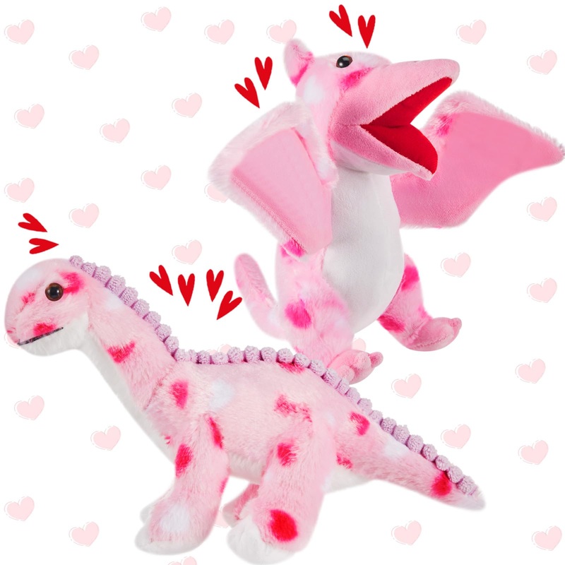 Deekin 2 Pcs Valentine'S Day Stuffed Animals Toy Love Plush Dinosaur Stuffed Animal Holding Heart Kawaii Pink Dinosaurs For Boys