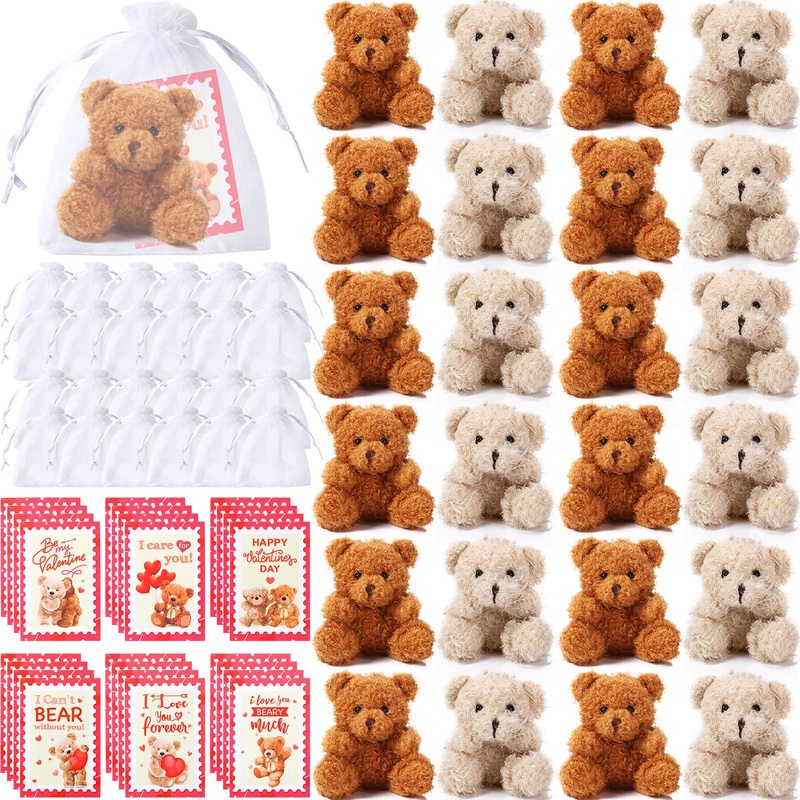 Deekin Set Of 24 Valentine'S Day Mini Plush Bears With Greeting Cards And Organza Bags For Valentines Day Gifts Stuffed Little P