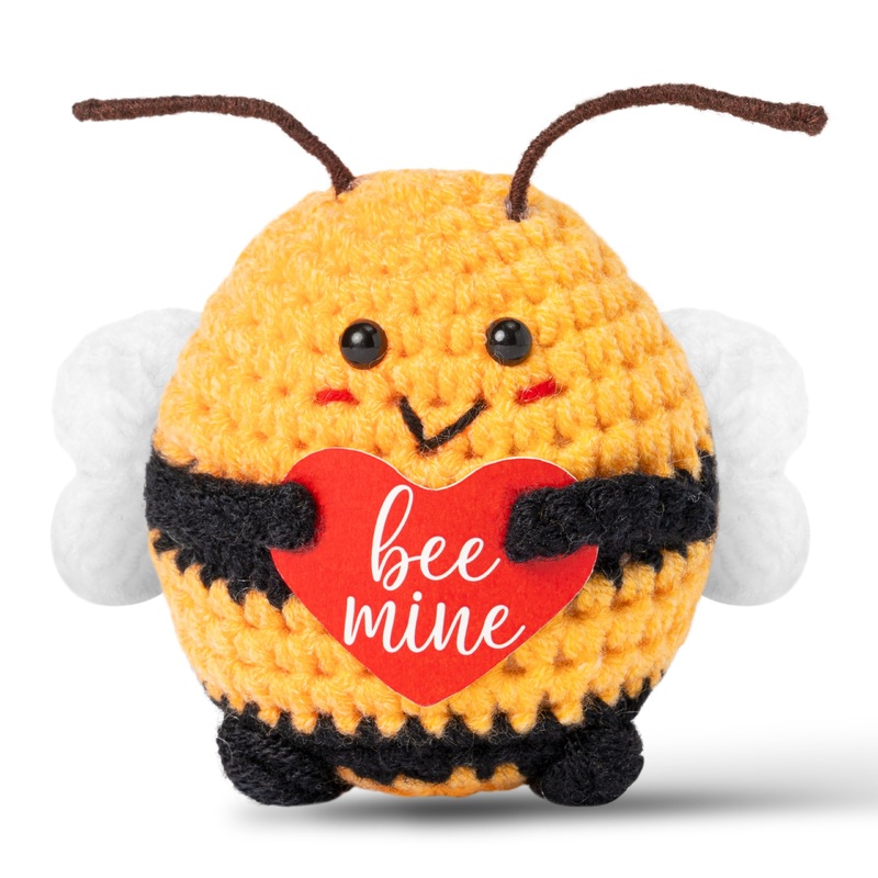 Djianrang Valentine Bees Handmade Positive Crochet With Bee Mine Heart Shape Card, Mini Positive Knitted Crochets Cute Emotional