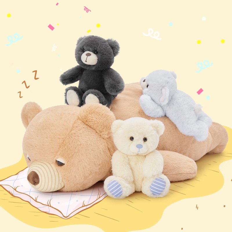 Morismos Teddy Bear Stuffed Animal 24In Lying Soft Bear Plush Toy 4-In-1 Mom And Baby Stuffed Bear Gift For Kids Christmas Valen
