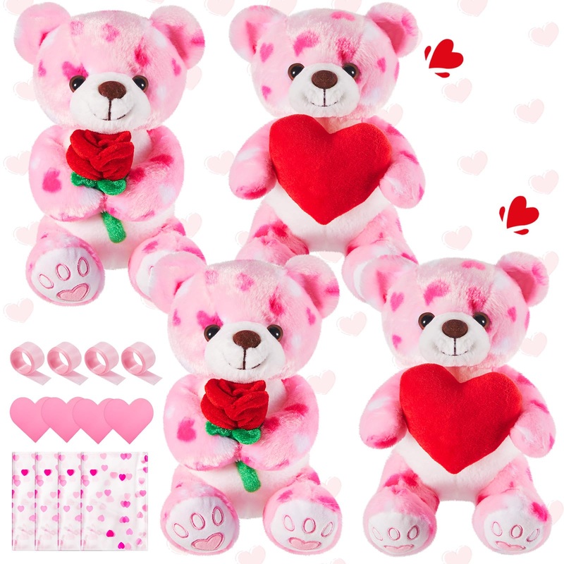Shappy 4 Pcs Large 10Inch Valentines Day Stuffed Animals Bulk Love Plush Stuffed Animal Soft Plush Holding Heart Kawaii Pink Flu