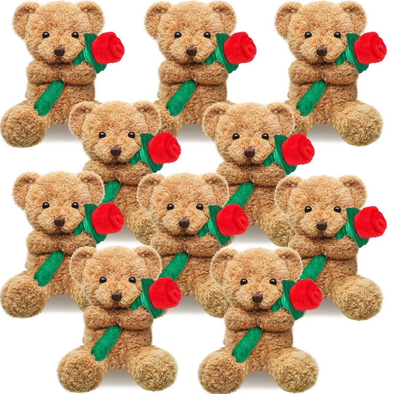 Sinmoe 10 Pack Valentines Day Stuffed Bears Bulk With Rose 7.9 Inch Cute Sweet Valentines Bear Plush Doll Valentines Stuffed Ani