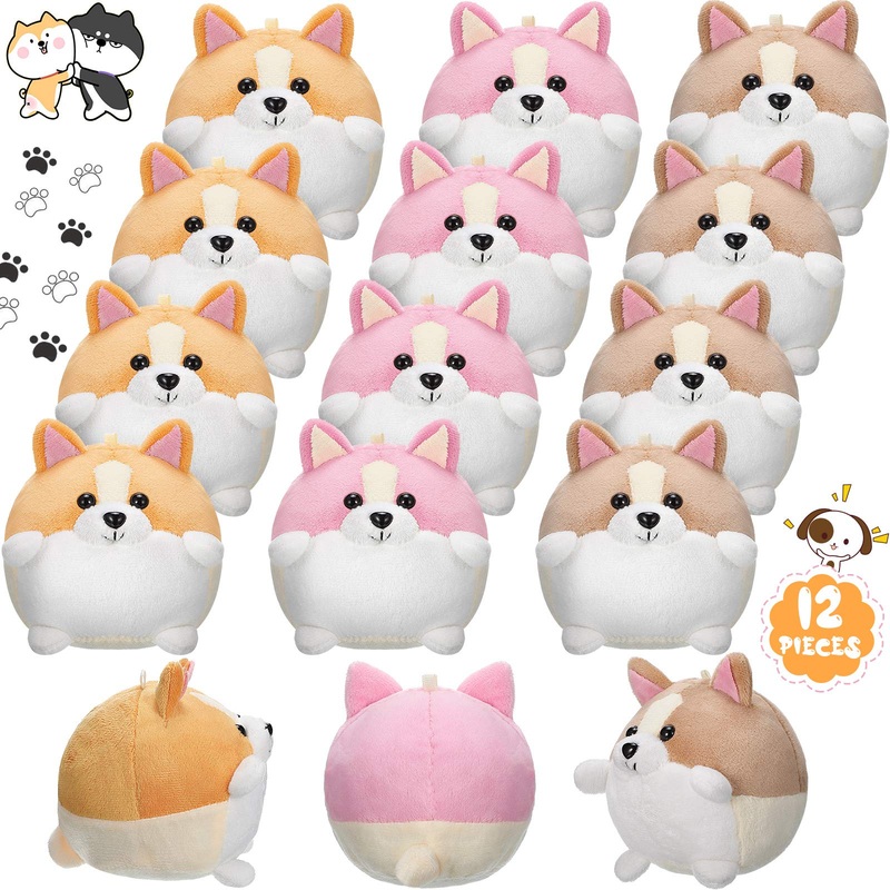 Skylety 12 Pcs 5'' Mini Dogs Stuffed Bulk Animal Puppy Party Favor Cute Soft Plush Dog Toy Valentines Gift For Kids Classroom(Cu