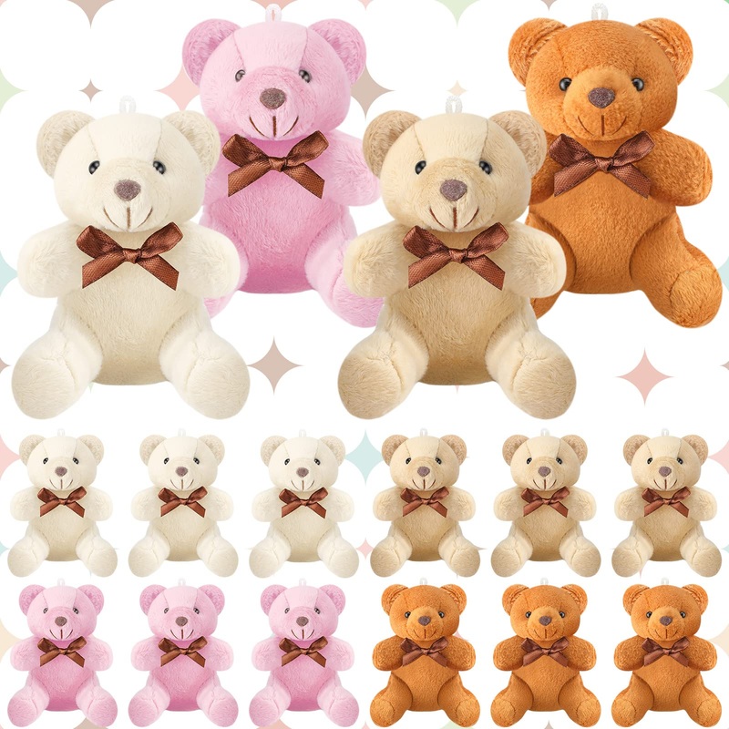 Skylety 16 Pcs Mini Bear Stuffed Animal 4 Inch Bear Bulk Keychain For Valentines Day Birthday Party Favor(Simple Style)