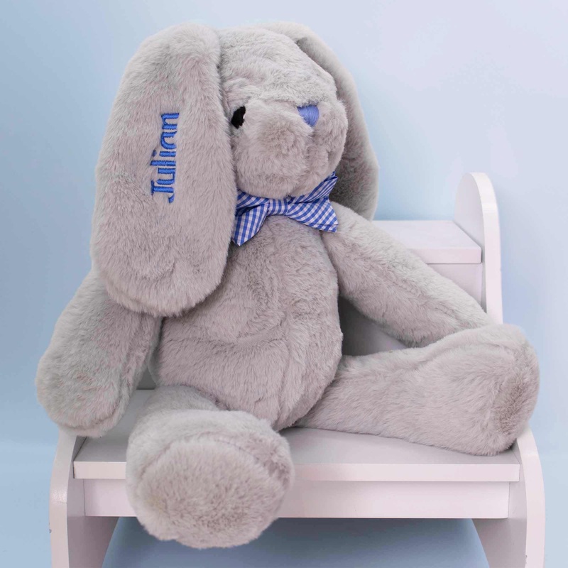 Dibsies Personalized Hoppity Floppity Bunny 18'' (Gray Bunny With Blue Bowtie)