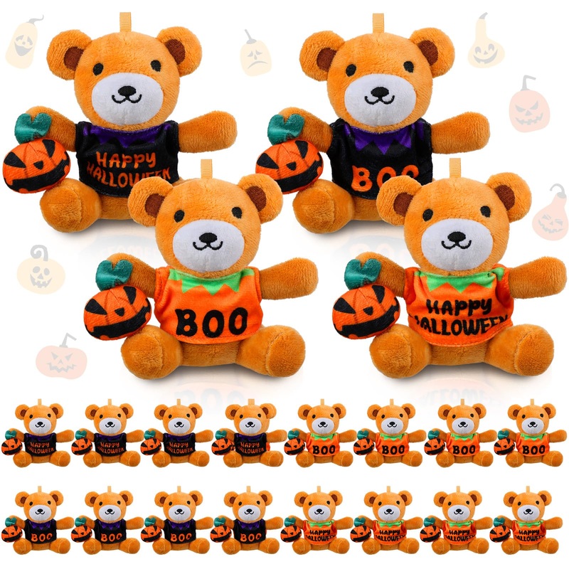 Roundfunny 20 Pcs Halloween Stuffed Animals Bears Bulk 4.5 Inch Mini Plush Bears With Halloween T-Shirt And Jack O Lantern Mini