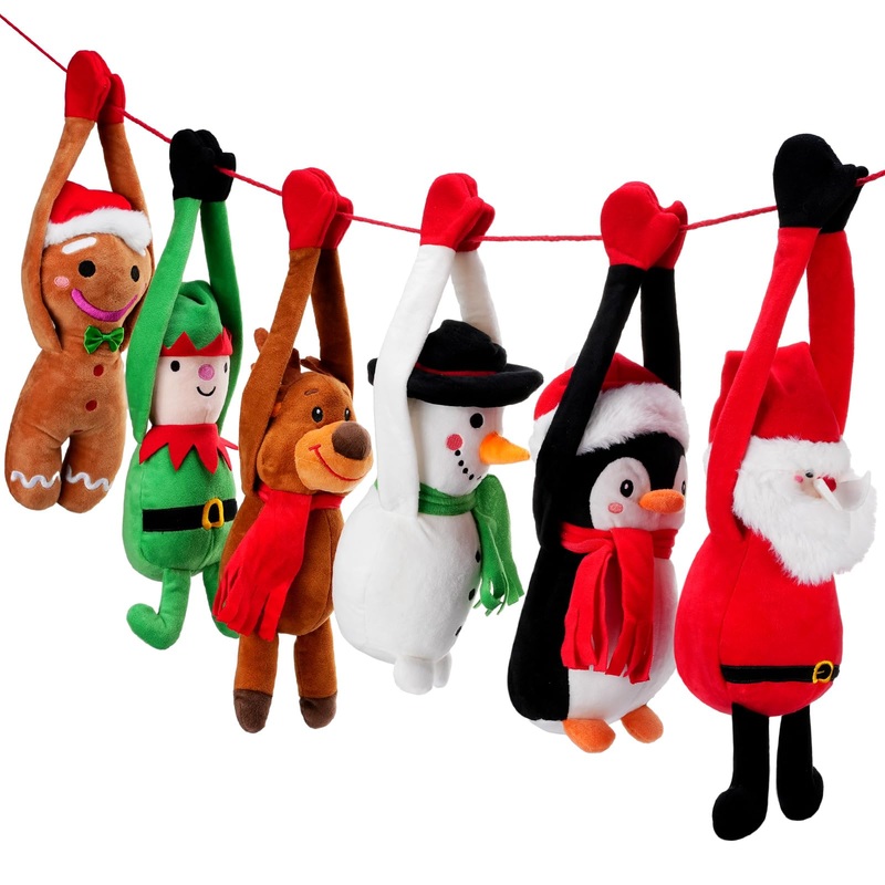 Shappy 6 Pcs Christmas Stuffed Animals Bulk Plush Toys Long Arm Santa Claus Penguin Reindeer Snowman Elf Gingerbread Man Hanging