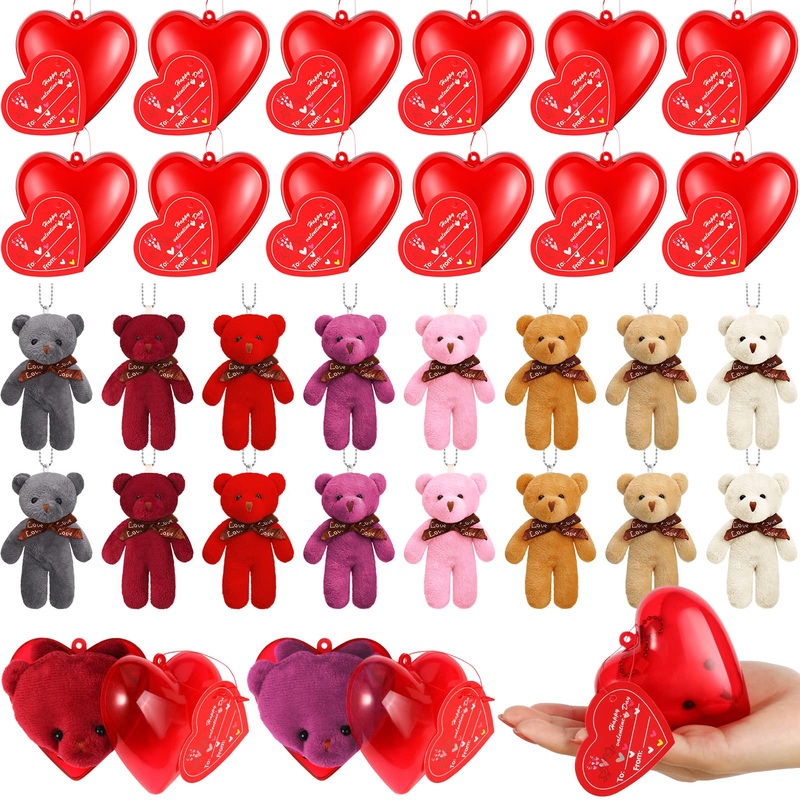 Civaner 48 Pcs Valentine Mini Bear Stuffed Plush Animal Keychain Decoration Heart Box With Valentines Cards For Classroom Exchan