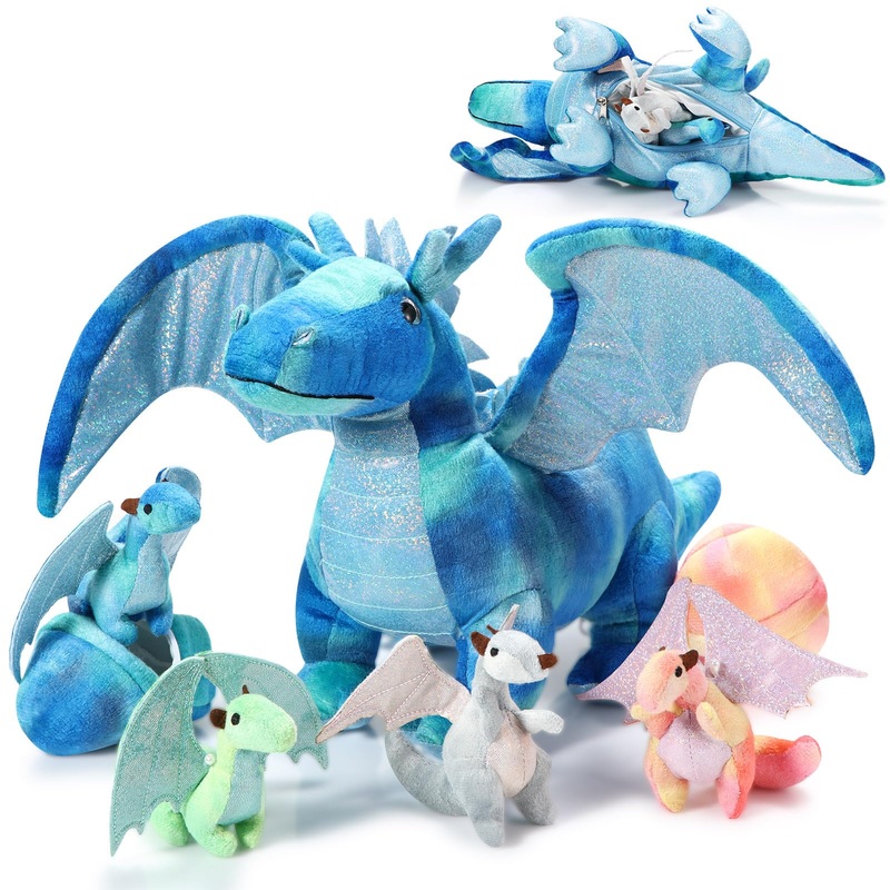 Deekin 7 Pcs Dragon Toy Set 16 Inch Large Dragon Stuffed Animal With 4 Baby Plush And 2 Eggs In Mommy'S Belly Dinosaur Plushies Gifts For Boys Girls Birthday Christmas(Bright Style)