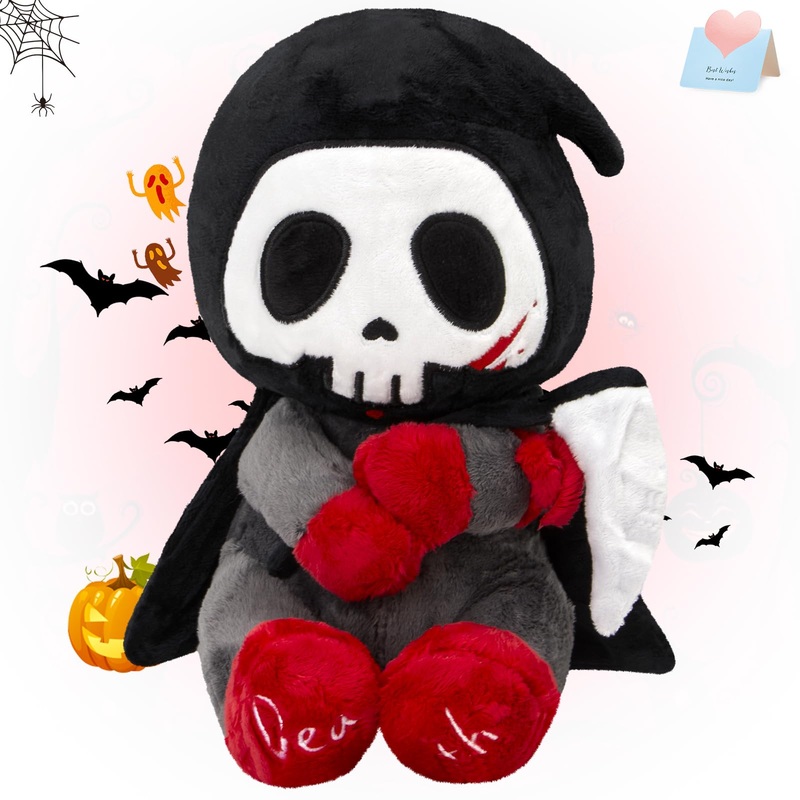 Specialyou 10'' Otto Reaper Plush Toy, Halloween Skull Grim Reaper Stuffed Animal With Black Cape And Detachable Reaper Scythe,