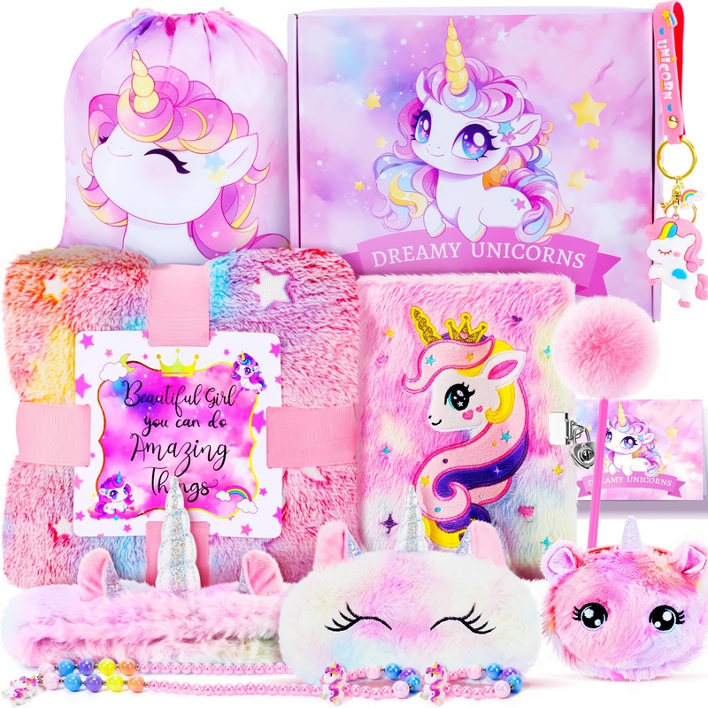 Unicorns Gifts For Girls Kids Toys 3 4 5 6 7 8 9 10 Years Old With Lcd Writing Tablet/Glowing Blanket/Unicorn Bracelet/Eye Mask/
